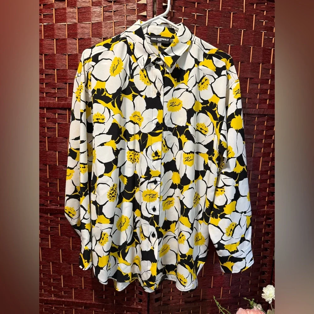 Karl Lagerfeld Black and Yellow Floral Button Down Shirt - Picture 2 of 5